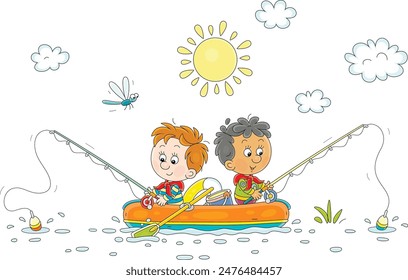 Funny little boys with fishing-rods floating in their inflatable boat and catching fishes in a lake on a sunny summer day, vector cartoon illustration on a white background