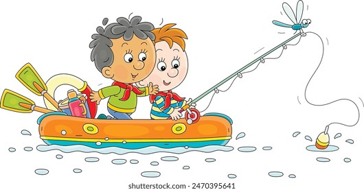 Divertidos niños pequeños flotando en un bote inflable con una caña de pescar y atrapar peces en un lago bastante rushy en un día de verano en el campo, ilustración de dibujos animados de Vector