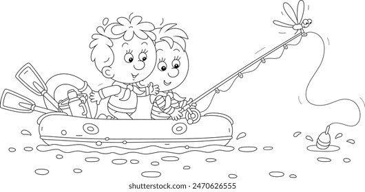 Niños pequeños divertidos flotando en un bote inflable con una caña de pescar y atrapar peces en un lago bastante rushy en un día de verano en el campo, ilustración de dibujos animados de Vector con contorno blanco y negro