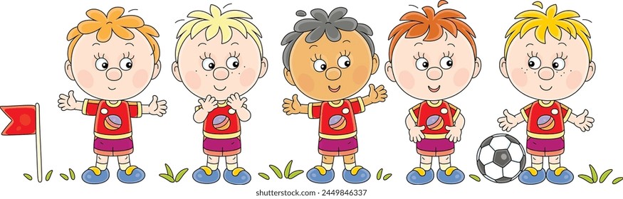 Funny little boys football players in colorful sportswear on a playing field before a match, vector illustration on a white background