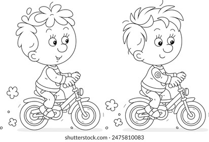 Funny little boys friendly smiling, talking and riding small toy bicycles on a summer day, black and white vector illustration for a coloring book