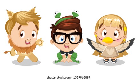 Funny little boys and girl dressed in lion, frog, bird costumes. Children`s entertainment, carnival, party, drama, theatre school. Cartoon stock vector set isolated on white background.