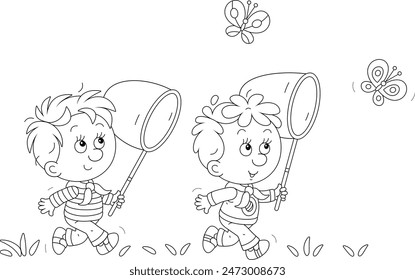 Funny little boys merrily playing, running and catching butterflies with butterfly nets on a summer day in countryside, black and white vector cartoon illustration for a coloring book