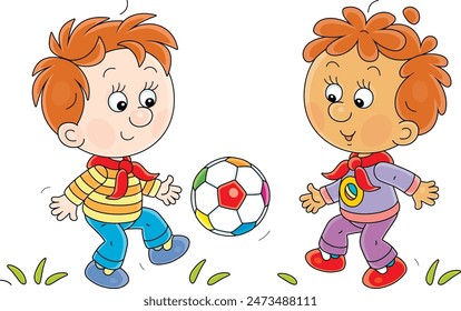 Funny little boys merrily playing football on a playground in a park on a summer vacation, vector cartoon illustration isolated on a white background