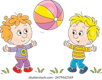 Funny little boys merrily playing a big striped ball on a playground in a park, vector cartoon illustration isolated on a white background