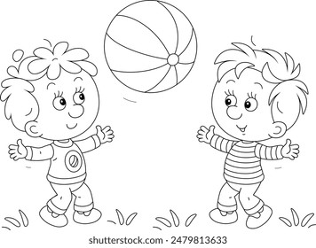 Funny little boys merrily playing a big striped ball on a playground in a park, black and white vector cartoon illustration for a coloring book