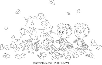 Funny little boys mushroomers with baskets found a very large edible mushroom among grass and fallen leaves in an autumn forest glade, black and white vector cartoon illustration for a coloring book