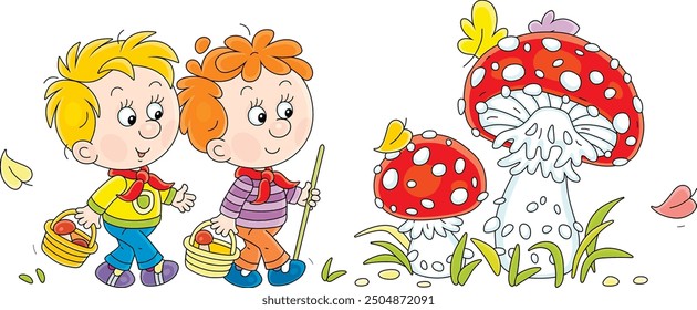 Funny little boys mushroomers with small baskets found a very large fly agaric with a spotted red cap among grass in a forest glade, vector cartoon illustration on a white background