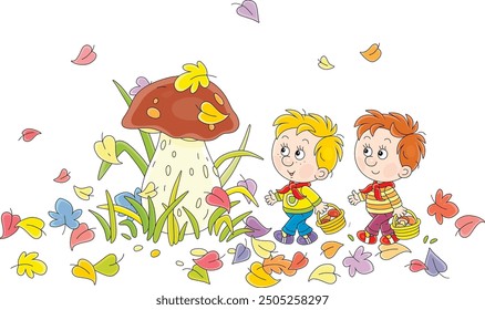 Funny little boys mushroomers with small baskets found a very large edible cep mushroom among grass and colorful fallen leaves in an autumn forest glade, vector cartoon illustration on white