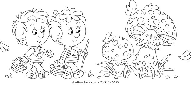 Funny little boys mushroomers with small baskets found a very large fly agaric with a spotted cap among grass in a forest glade, black and white vector cartoon illustration for a coloring book