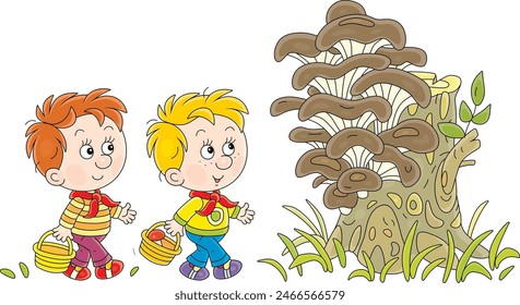 Funny little boys mushroomers with their small baskets found huge oyster mushrooms on an old tree stamp on a glade in a summer forest, vector cartoon illustration on a white background