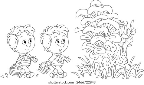 Funny little boys mushroomers with their small baskets found huge oyster mushrooms on an old tree stamp on a glade in a summer forest, black and white vector cartoon illustration for a coloring book