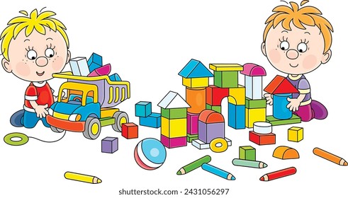 Funny little boys playing with a toy truck and colorful bricks and building a fancy castle in a nursery playroom, vector cartoon illustration on a white background
