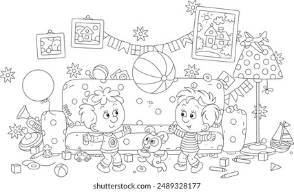Funny little boys with a puppy romping and merrily playing a striped ball in their room with a big soft sofa and many colorful toys scattered in mess, black and white vector cartoon illustration