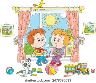 Funny little boys sitting on a windowsill in a nursery room with scattered toys and talking happily on a sunny summer day, vector cartoon illustration on a white background