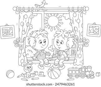 Funny little boys sitting on a windowsill in a nursery room with scattered toys and talking happily on a sunny summer day, black and white vector cartoon illustration for a coloring book