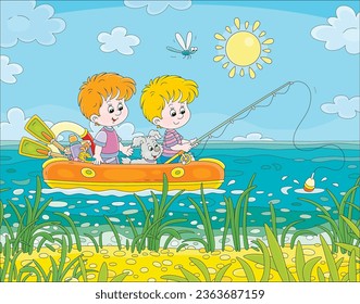 Funny little boys with their merry puppy floating in an inflatable boat with a fishing-rod and catching fishes in a pretty lake on a sunny summer day, vector cartoon illustration