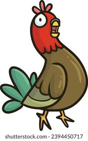 Funny little brown green rooster cartoon illustration