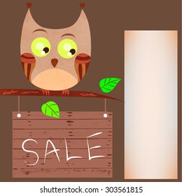 Funny little brown owl on a branch looking at the sign