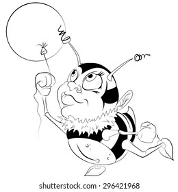 Funny Little Bumble-bee with a Balloon.Contour,line.Cartoon.