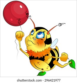Funny Little Bumble-bee with a Balloon.Contour,line.Cartoon.