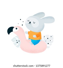 Funny little bunny baby relaxing on the beach. 
Flamingo and rabbit. Enjoy summer. Flat animal Illustration for kids game, book, t-shirt, card, print, poster, decoration and textile. Isolated vector