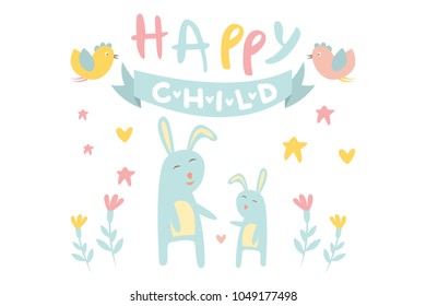 Funny little bunny with mother, blue ribbon, birds and flowers. Happy rabbit with child. Cartoon flat vector design for greeting card or children s book