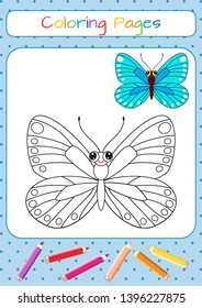 Funny little butterfly. Copy the picture. Coloring book. Educational game for children. Cartoon vector illustration