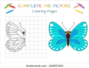 Funny little butterfly. Copy the picture. Coloring book. Educational game for children. Cartoon vector illustration