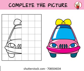 Funny little car with a bow. Copy the picture. Coloring book. Educational game for children. Cartoon vector illustration