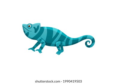 Funny little cartoon character of chameleon in bright blue colors, flat vector illustration isolated on white background. Exotic color changing chameleon lizard.