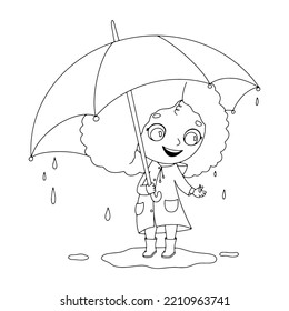 Funny little cartoon girl with umbrella stands in puddle in rain and smiles. Vector illustration for children isolated on white. Outline drawing of child for coloring book