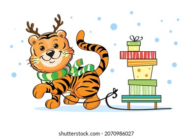 Funny little cartoon New Year tiger carrying a sled with gifts. Vector illustration. Symbol of the year 2022