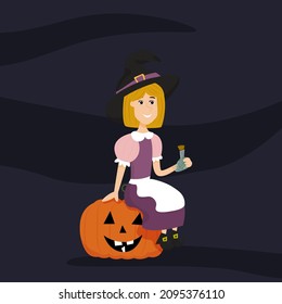 Funny little cartoon witch in a hat and with a potion is sitting on a Halloween pumpkin.