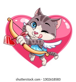 Funny little cat aiming at someone with an arrow of love. Cat cupid shoots a bow. Illustration of a Valentine's Day. Vector illustration in a cartoon style. Isolated on white background.