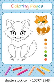 Funny little cat. Coloring book. Educational game for children. Cartoon vector illustration