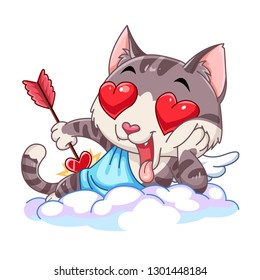 Funny little cat cupid. Cupid cat with a bow and arrow. Illustration of a Valentine's Day. Cat angel. Vector illustration in a cartoon style. Isolated on white background. 
