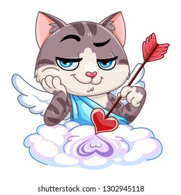 Funny little cat cupid. Illustration of a Valentine's Day. Cat angel.Cat Cupid with an arrow. Vector illustration in a cartoon style. Isolated on white background. 