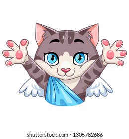 Funny little cat cupid. Illustration of a Valentine's Day. Cat angel.Vector illustration in a cartoon style. Isolated on white background. 