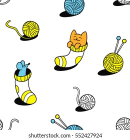 Funny little cat and mouse are in the wool socks. Colored children seamless vector pattern. Cute characters and graphic elements for kids. Cartoon hand drawn style. Wrapping, package, textile design.