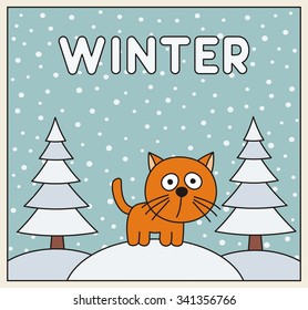 Funny little cat winter on background snowflakes