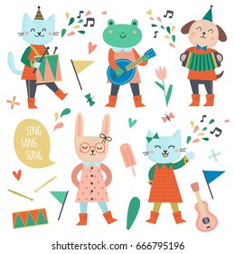 Funny little characters with musical instruments. Cat, hare, frog and dog musicians.