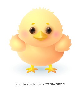 Funny little chick 3d illustration. Adorable baby chicken in cartoon style isolated on white background. Animal, nature, pet, farm concept