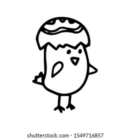 Funny little chicken with a shell on the head. Vector outline doodle illustration isolated on white background. Desing kinds book, t shirt, cup, easter card, invitation, menu, flier, print. 