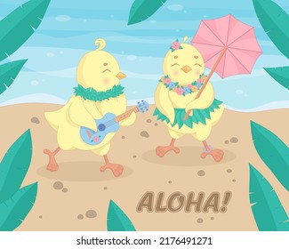 Funny little chickens are dancing in Hawaii. Leaf beads. Under an umbrella. Boy and girl. Vector illustration