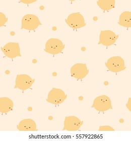 Funny little chickens on yellow dotted background. 
Cute vector seamless pattern for children's textile, easter cards, wrapping, crockery, web and fabric design.
