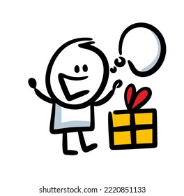 Funny little child found Christmas gift box with bow. Vector cartoon illustration of happy child and bubble message.