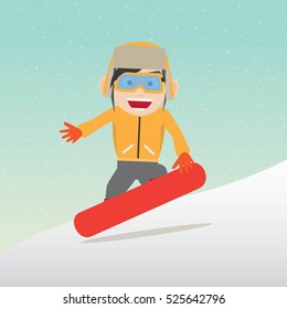 Funny little child snowboarding. Vector Illustration