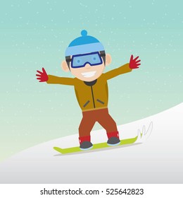 Funny little child snowboarding. Vector Illustration