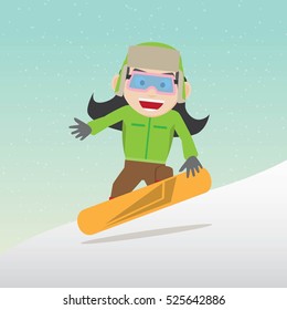 Funny little child snowboarding. Vector Illustration